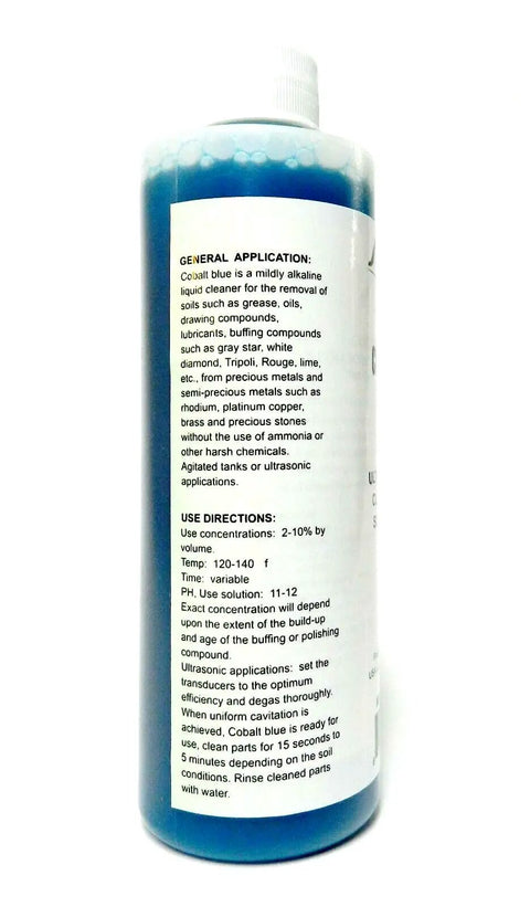 Heavy Duty Cobalt Blue Ultrasonic Cleaner Solution For Jewelry And Watch Parts High Concentrate Formula in 8 oz container.