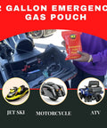 2 Gallon Grab And Go Foldable Gas Pouch For Emergency Fuel in hand, motorcycle storage with expandable gas can, ideal for quick refuel