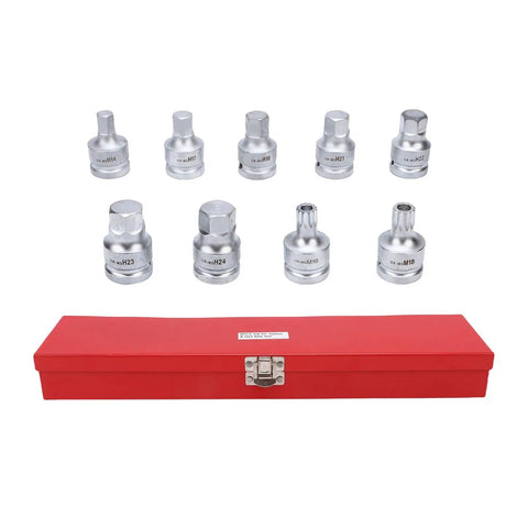 Badass 9 Piece 3/4 Inch Drive Hex Bit Socket Set Featuring Spline Bits H14 H17 H19 H21 H22 H23 in red case with shiny steel bits.
