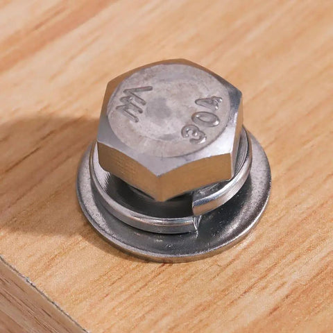 Bolt with 304 Stainless Steel Flat Washers and Lock Washers Set Built to Last, 100 Pcs Total, mounted on wood surface