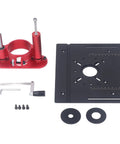Heavy Duty Router Table Insert Plate With Crank Handle Manual Lifting System Mounting Kit For Rock Solid Precision Woodworking Shop Rig Setup components in red and black.