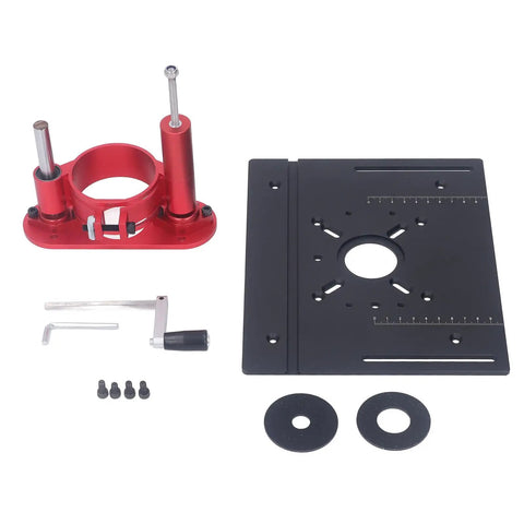 Heavy Duty Router Table Insert Plate With Crank Handle Manual Lifting System Mounting Kit For Rock Solid Precision Woodworking Shop Rig Setup components in red and black.