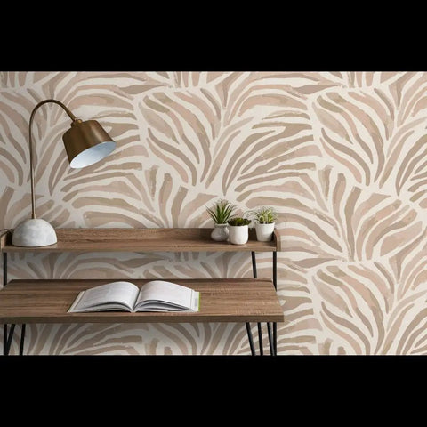 Modern Animal Print Pvc Free Type Ii Professional Wallpaper With A Sleek Matte Linen Finish in beige on a wall with wooden shelves.