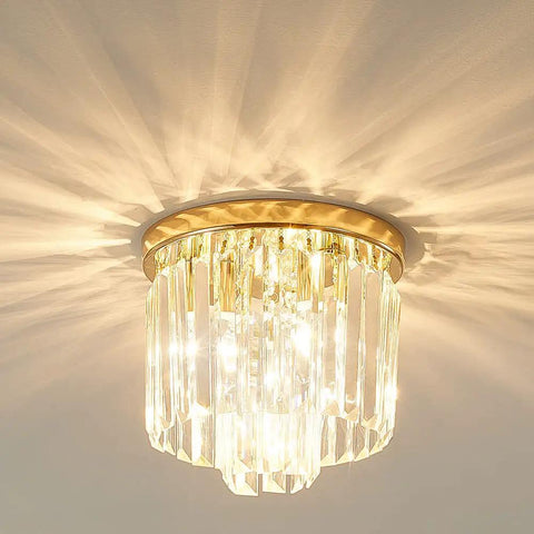 Modern Crystal Ceiling Light Chandelier 2-Tier Flush Mount Pendant in French Gold Finish with Sparkling K9 Crystals, 3-Light Fixture