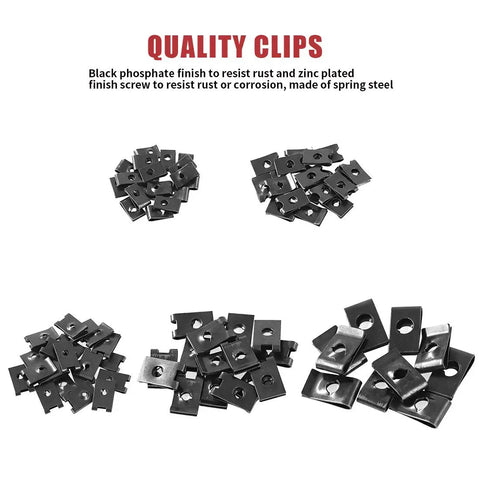 170 Piece U Nut Clips Assortment Kit With Zinc Plated Phillips Screws Black Phosphate Finish Rust Resistant Auto Body Trim Fasteners in various arrangements.