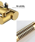UMJIGF Shower System Titanium Gold Brass Luxury Mixer Shower Faucet Set showing dual handles and air injection technology features.