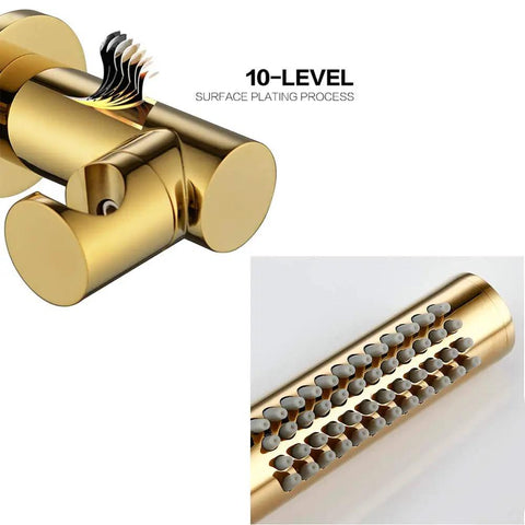 UMJIGF Shower System Titanium Gold Brass Luxury Mixer Shower Faucet Set showing dual handles and air injection technology features.