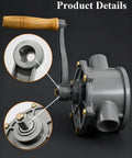 Beefy Rotary Hand Pump For Aluminum Drum Fuel Caddy 30 40 Gallon NPT Thread Inlet One And A Quarter Inch Outlet One Inch Easy No Fuss Manual Fuel Transfer For Gasoline Diesel Portable Oil Pump, gray pump detail