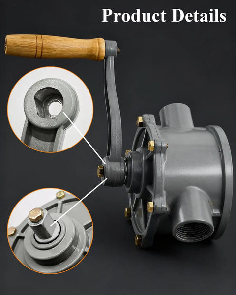 Beefy Rotary Hand Pump For Aluminum Drum Fuel Caddy 30 40 Gallon NPT Thread Inlet One And A Quarter Inch Outlet One Inch Easy No Fuss Manual Fuel Transfer For Gasoline Diesel Portable Oil Pump, gray pump detail