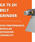 Heavy Duty Industrial Belt Grinder Built Like A Tank For Metal Fabrication Shops Featuring Rock Solid Steel Frame And Badass Torque 3 Phase 400 440 Volt Motor on an orange background.