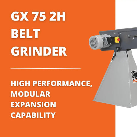 Heavy Duty Industrial Belt Grinder Built Like A Tank For Metal Fabrication Shops Featuring Rock Solid Steel Frame And Badass Torque 3 Phase 400 440 Volt Motor on an orange background.