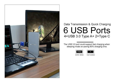 Universal Usb 3.0 Laptop Docking Station Dual Monitor Hdmi Vga Gigabit Ethernet Six Usb Ports Aluminum Build on a desk with two monitors.