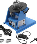 Built Tough Rotating Welding Positioner With Secure Chuck For Smooth Seam Welding And Precision Cutting 0 To 90 Degree Tilting Turntable workshop setup with cables.