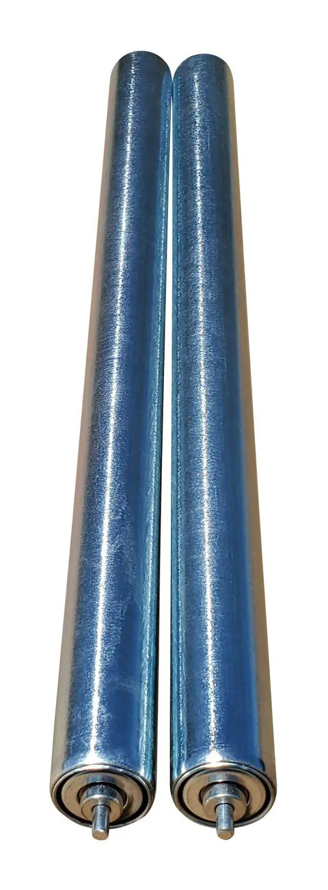 Heavy Duty Galvanized Steel Gravity Conveyor Rollers 22 Inch By With 1.5 In Diameter Ball Bearing showing top view of 2 rollers.