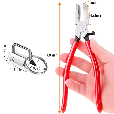 Dope Key Fob Hardware Kit With Glass Running Pliers, red pliers tool alongside silver key fob hardware piece with dimensions shown.