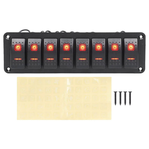 8 Gang Rocker Switch Panel Kit With LED Backlit On Off Switches And Overload Protection Prewired for cars RVs boats buses