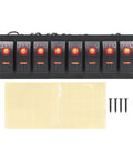 Eight Gang Rocker Switch Panel With LED Backlit On Off And Overload Protection For Car RV Bus Marine Boat, red finish, front view