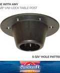 Heavy Duty Black Plastic Unilock Table Mount For Any Two Three Eight Inch Post With Seven Inch Diameter And Five Hole Pattern angled view