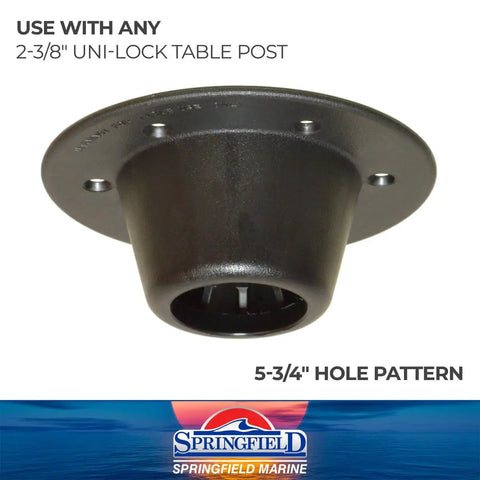 Heavy Duty Black Plastic Unilock Table Mount For Any Two Three Eight Inch Post With Seven Inch Diameter And Five Hole Pattern angled view