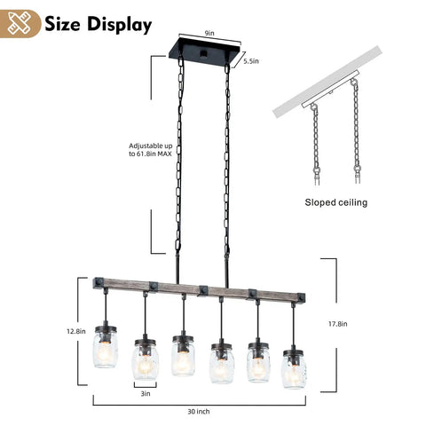 Boss Gold Farmhouse Chandelier With Six Lights, modern industrial pendant lighting, adjustable height, size display.