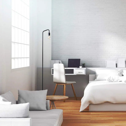 Industrial Metal Floor Lamp For Living Room And Beyond in modern bedroom setup, minimalist black design, durable metal build