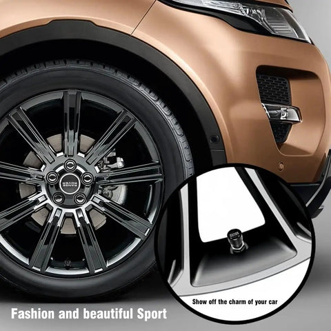 Close-up of metal tire valve caps with car logo on vehicle wheel, showing Valve Stem Covers With Car Logo, Metal Tire Valve Caps For Cars