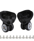360 Degree Swivel PVC Suitcase Wheels Replacement Pair With Double Roller Bearings, shown with screws for easy installation.