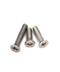 Close-up view of three stainless steel Philips flat head screws from 940Pcs M2 M3 M4 M5 Phillips Countersunk Flat Head Machine Screws Assortment Kit.