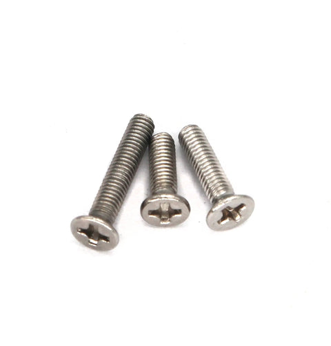 Close-up view of three stainless steel Philips flat head screws from 940Pcs M2 M3 M4 M5 Phillips Countersunk Flat Head Machine Screws Assortment Kit.