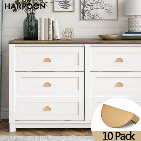 Champagne Bronze Cabinet Cup Pulls 10 Pack Modern Drawer Handles installed on white dresser, zinc alloy, 64mm center to center
