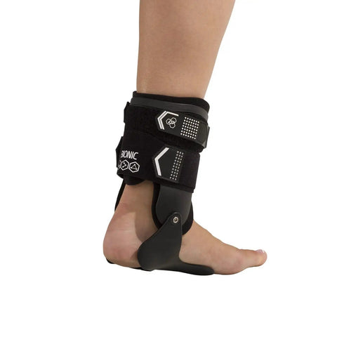 Bionic Stirrup Ankle Brace for Left Foot Large Size with Rigid Uprights and Low Profile Footplate on bare foot