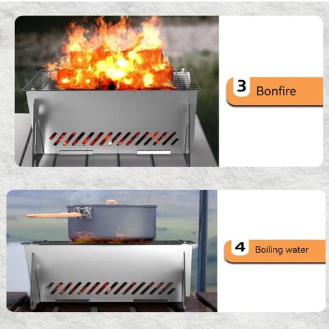 Portable Foldable BBQ Grill With Carry Bag For One To Two People On The Go Mini Charcoal Grill in use for bonfire and boiling water