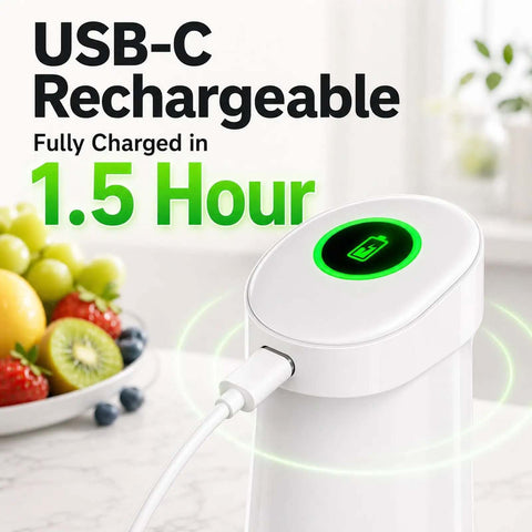 Cordless Immersion Hand Blender And Stick Blender With Straight Up Powerful Brushless Motor charging via USB-C, fully charged in 1.5 hours.