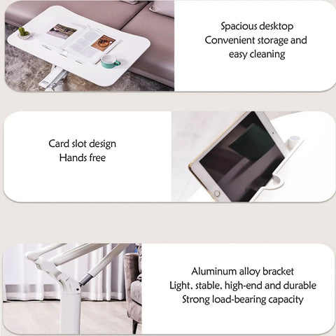 Mobile Standing Desk With Pneumatic Height Adjustment Rolling Sit Stand Cart Riser Low Profile Couch Bed Desk with card slot design.