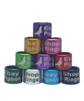 Stack of colorful aluminum pigeon leg rings with printed text, represents 20 Pcs Personalized Aluminum Pigeon Leg Rings in 7mm and 8mm Inner, 8mm Tall, Blue Color Bird Bands for Pigeons Parrots Conures, Easy Fit, Durable Metal Pigeon Bands.