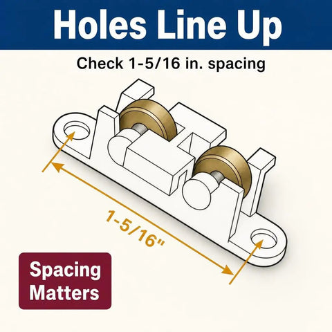Top Tier Sliding Window Tandem Roller Assembly With 3/8 Inch Flat Brass Wheels And White Nylon Mounts For No Fuss Horizontal Slider Upgrades Two Piece Bundle with spacing measurement.