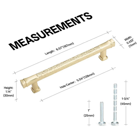 Dimensions of 10 Pack Hammered Bar Cabinet Handles With 5 Inch Center Hole Square Modern Gold Drawer Pulls For Cabinets And Cupboards.