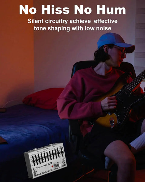 Person playing guitar next to 10-Band Equalizer Pedal For Guitar And Bass With Low-Noise And True Bypass Delivers Clean Signal