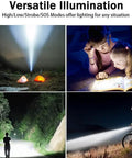 Crazy Bright LED Tactical Flashlight With Rechargeable Battery And Zoomable Beam illuminating various scenes outdoors and indoors.