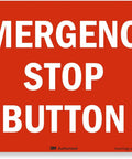 Emergency Stop Button Label With Reflective Laminated Vinyl, 7 By 5 Inches, Engineer Grade Visibility At Night on red backdrop