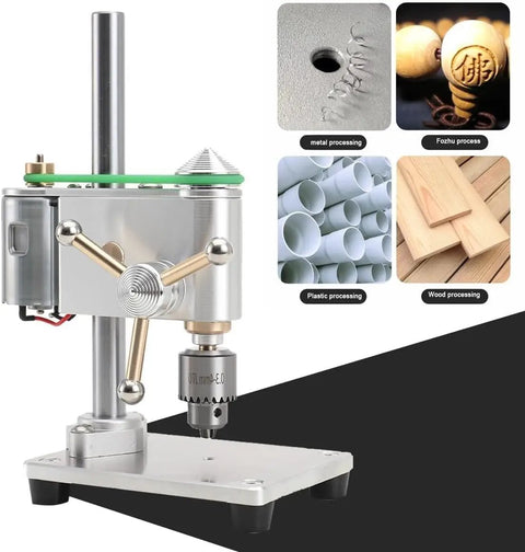 Tiny Benchtop Drill Press Precision Watch Repair Tool Adjustable Speed Up To 4500Rpm, featuring a compact aluminum design for various materials.