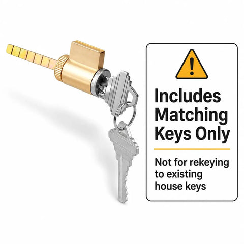 Built Tough One Point Four Inch Lock Cylinder Replacement With Five Pin Keyed Security For sliding patio doors and storm door handles, includes matching keys.