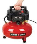 Workhorse Pancake Air Compressor With Six Gallon Oil Free Tank 150 PSI Max Pressure compact design with handle for portability.