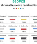 560 Piece Heat Shrink Tube Kit With 2 To 1 Shrink Ratio, 12 Sizes, 5 Colors chart showing quantity and dimensions of tubing pieces.