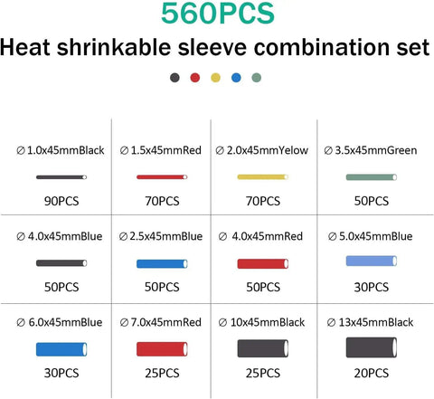 560 Piece Heat Shrink Tube Kit With 2 To 1 Shrink Ratio, 12 Sizes, 5 Colors chart showing quantity and dimensions of tubing pieces.