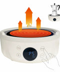 Ultra Compact 600W Electric Mini Hot Plate With Nine Precise Heat Settings showing digital control and heating up for espresso brewing.