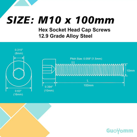 M10 X 100Mm Hex Socket Head Cap Screws Bolts 12.9 Grade Alloy Steel dimensions and specifications diagram