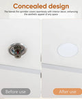 Before and after images showing Right On Track Four Pack Flat Round Fire Sprinkler Cover Plates installed for concealed design.