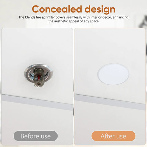 Before and after images showing Right On Track Four Pack Flat Round Fire Sprinkler Cover Plates installed for concealed design.