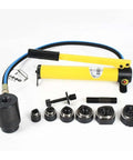 Hydraulic Knockout Punch Kit Six Piece Hole Cutter Set With Puncher, 8 Ton Hydraulic Puncher For Metal Sheets, tools shown